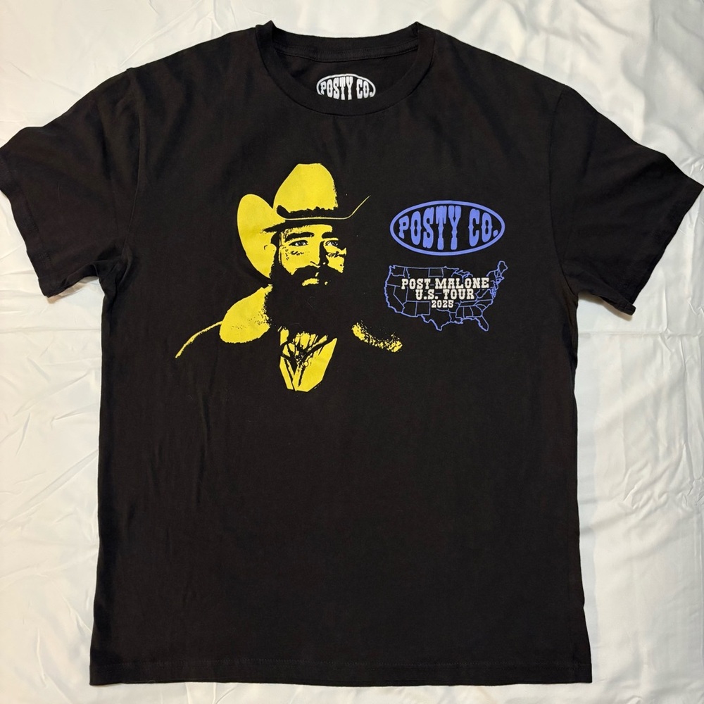 Post Malone Posty Co Black Graphic Tee with Yellow and Blue Design L